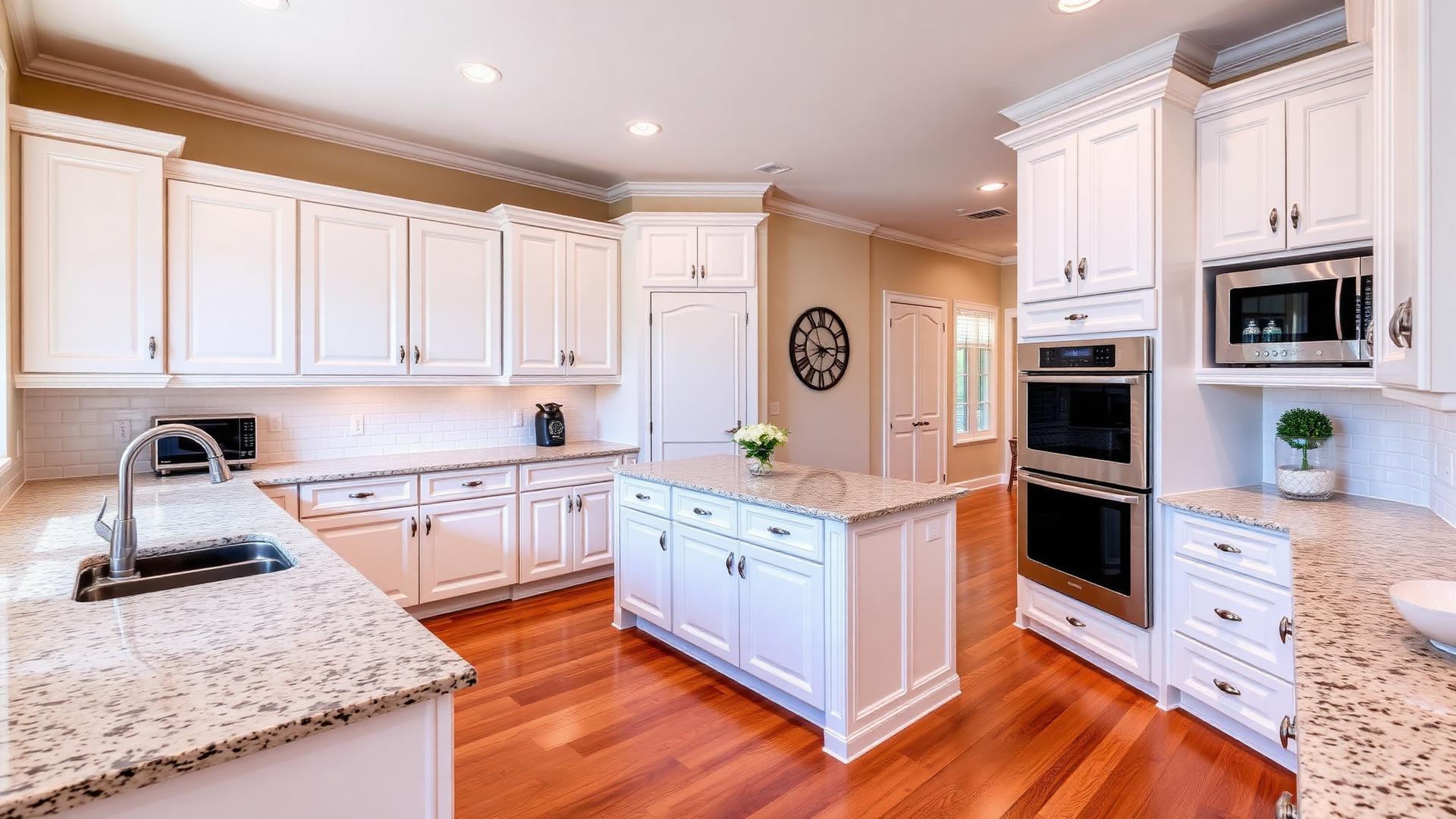 Remodeled kitchen with white cabinets and hardwood floors